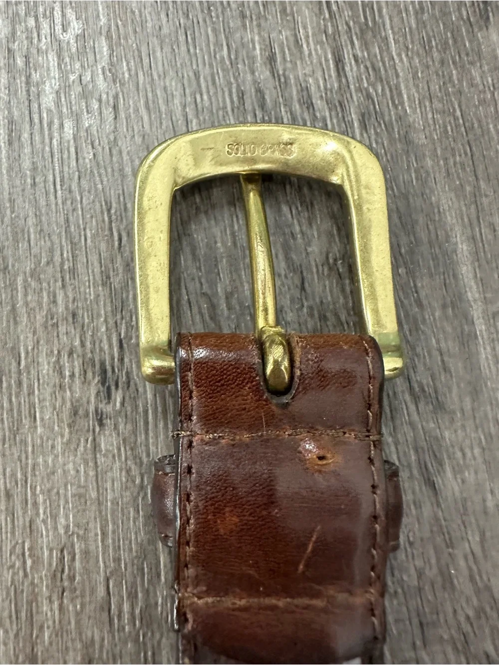 Vintage Woolrich Brown Leather Belt with Blue Geometric Inlay brass buckle